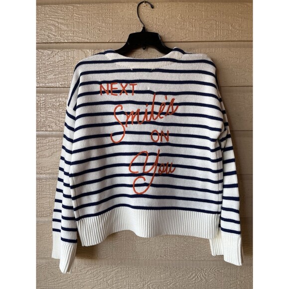 Kerri Rosenthal women NEXT SMILE'S ON YOU Sweater size Medium White Navy Striped - Picture 1 of 6